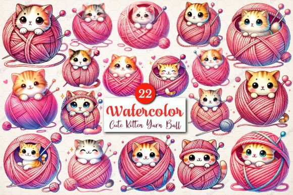 Watercolor Cute Kitten Yarn Ball Clipart: A Creative Asset for Modern Design