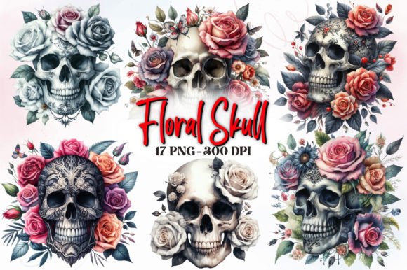 Watercolor Floral Skull Clipart